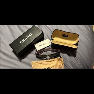 CHANEL Black Sunglasses with Gold Case
